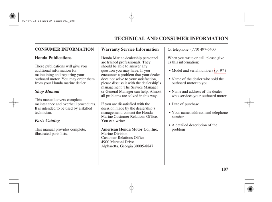 Consumer information | HONDA Outboard Motor BF130A User Manual | Page 109 / 116