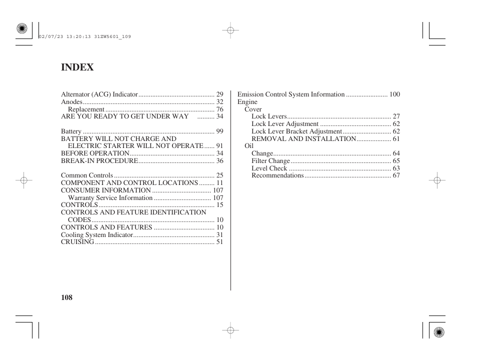 Index | HONDA Outboard Motor BF130A User Manual | Page 110 / 116