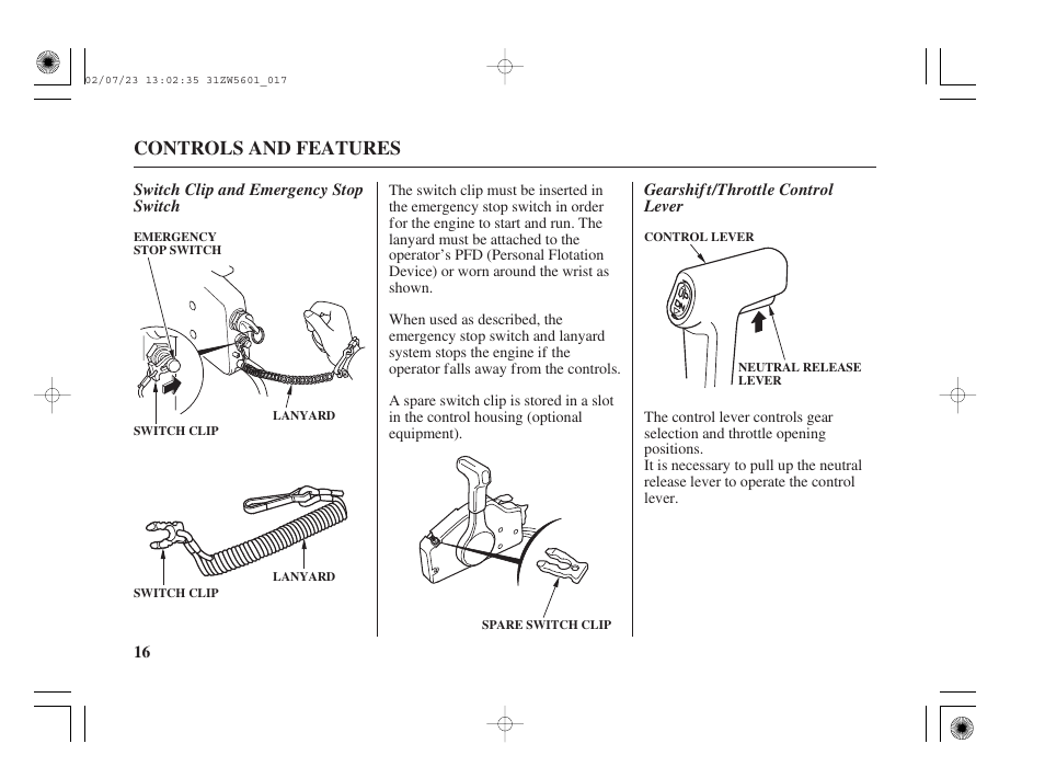 Controls and features | HONDA Outboard Motor BF130A User Manual | Page 18 / 116