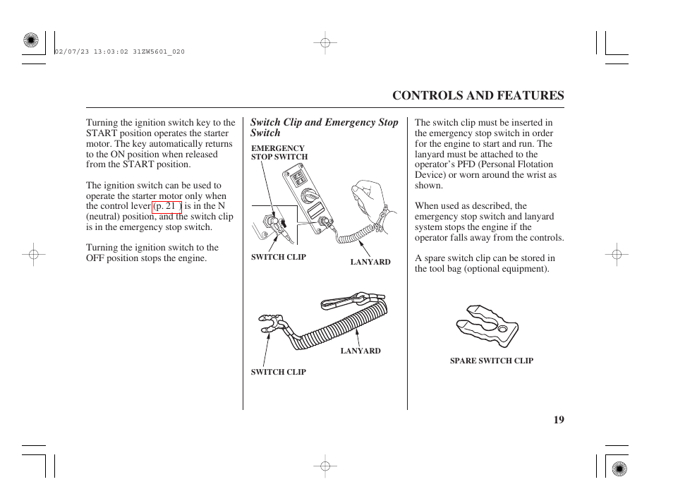 Controls and features | HONDA Outboard Motor BF130A User Manual | Page 21 / 116