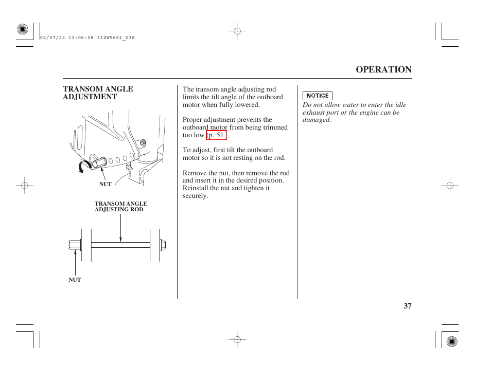 Transom angle adjustment, Operation | HONDA Outboard Motor BF130A User Manual | Page 39 / 116