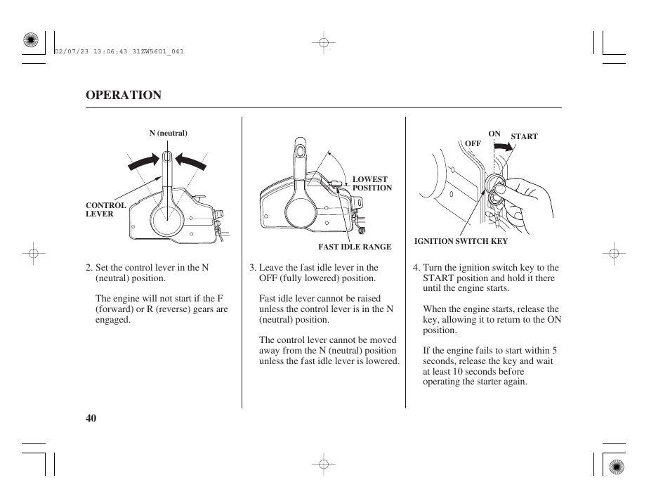 Operation | HONDA Outboard Motor BF130A User Manual | Page 42 / 116