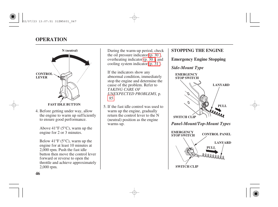 Stopping the engine, Operation | HONDA Outboard Motor BF130A User Manual | Page 48 / 116