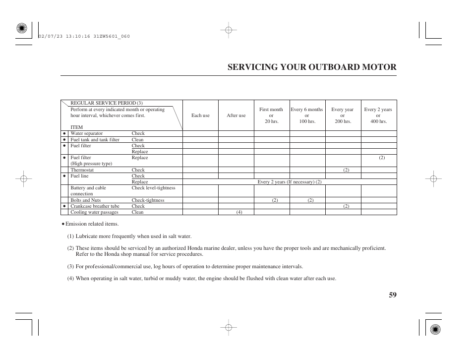 Servicing your outboard motor | HONDA Outboard Motor BF130A User Manual | Page 61 / 116