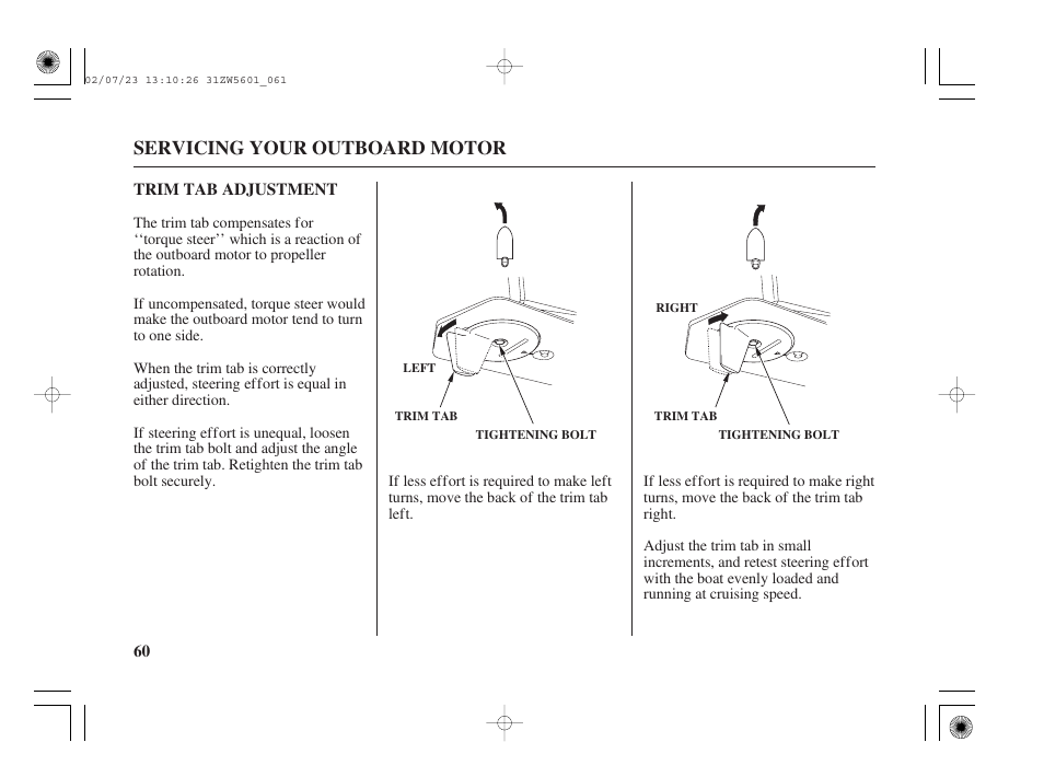 Trim tab adjustment, Servicing your outboard motor | HONDA Outboard Motor BF130A User Manual | Page 62 / 116