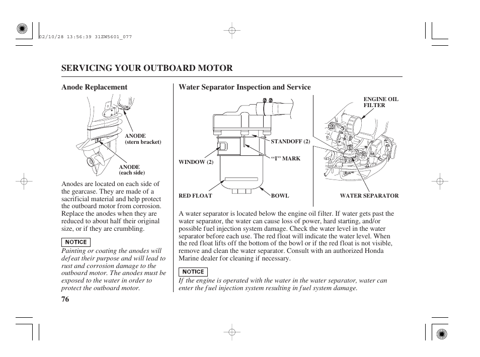 Servicing your outboard motor | HONDA Outboard Motor BF130A User Manual | Page 78 / 116