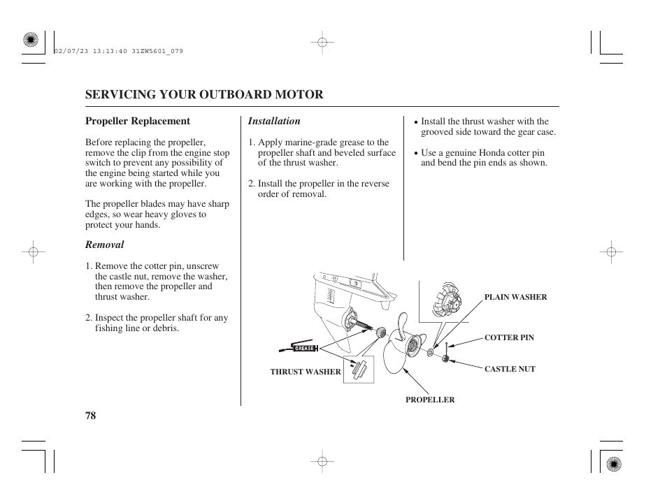 Servicing your outboard motor | HONDA Outboard Motor BF130A User Manual | Page 80 / 116