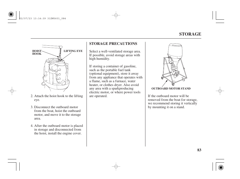 Storage precautions, Storage | HONDA Outboard Motor BF130A User Manual | Page 85 / 116