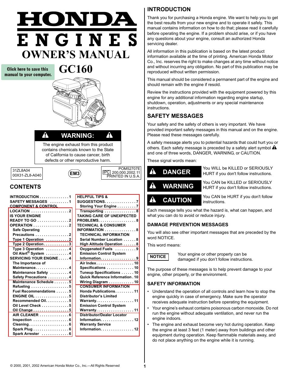 HONDA GC160 User Manual | 12 pages