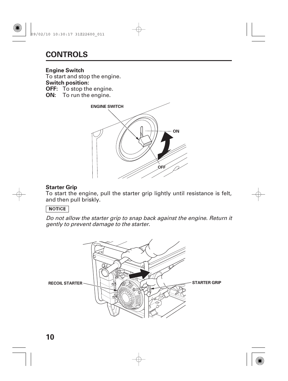 Controls, Engine switch, Starter grip | 10 controls | HONDA EB6500X User Manual | Page 12 / 75