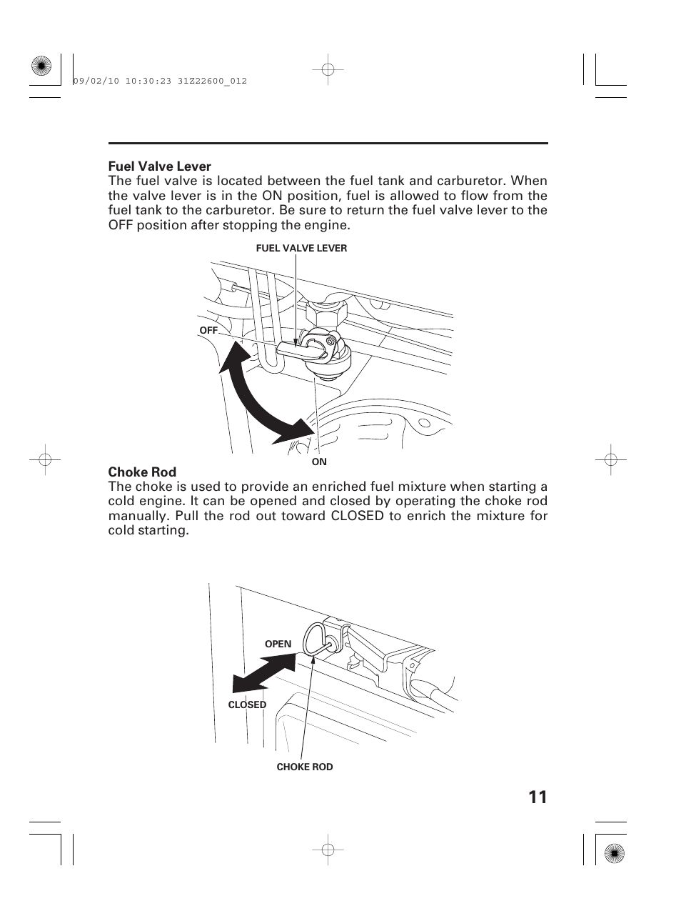 Fuel valve lever, Choke rod, Fuel valve lever choke rod | HONDA EB6500X User Manual | Page 13 / 75