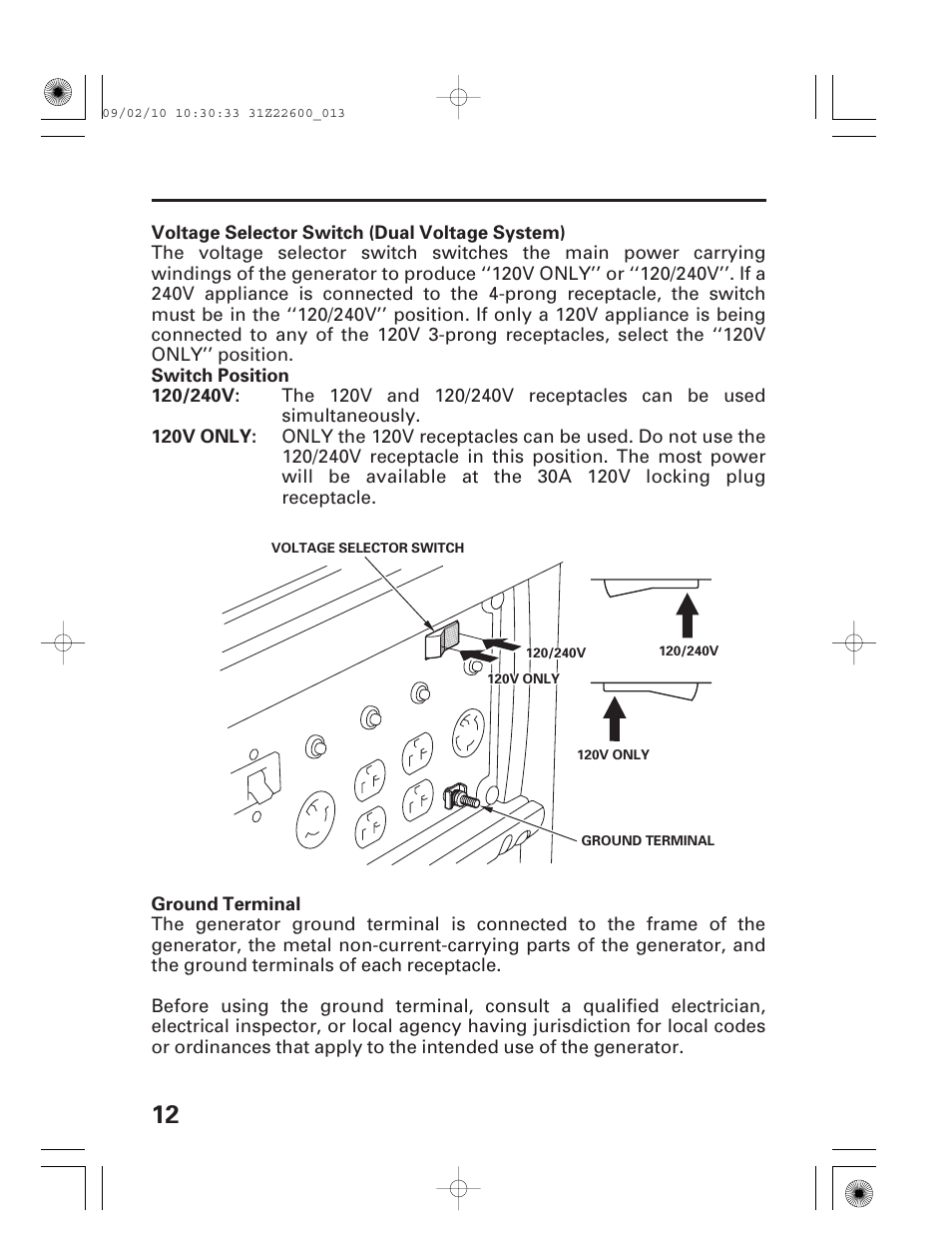 Voltage selector switch (dual voltage system), Ground terminal | HONDA EB6500X User Manual | Page 14 / 75