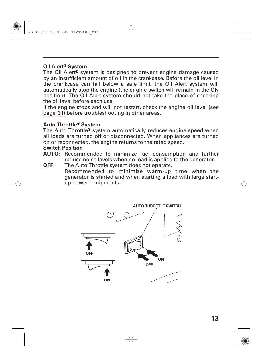 Oil alert® system, Auto throttle® system | HONDA EB6500X User Manual | Page 15 / 75