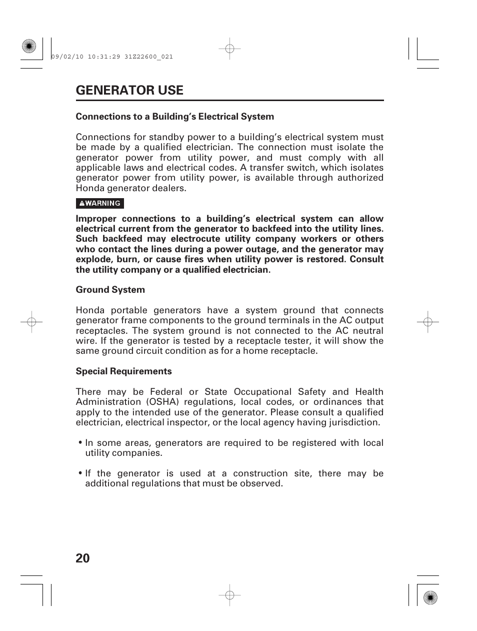 Generator use, Connections to a building electrical system, 20 generator use | HONDA EB6500X User Manual | Page 22 / 75