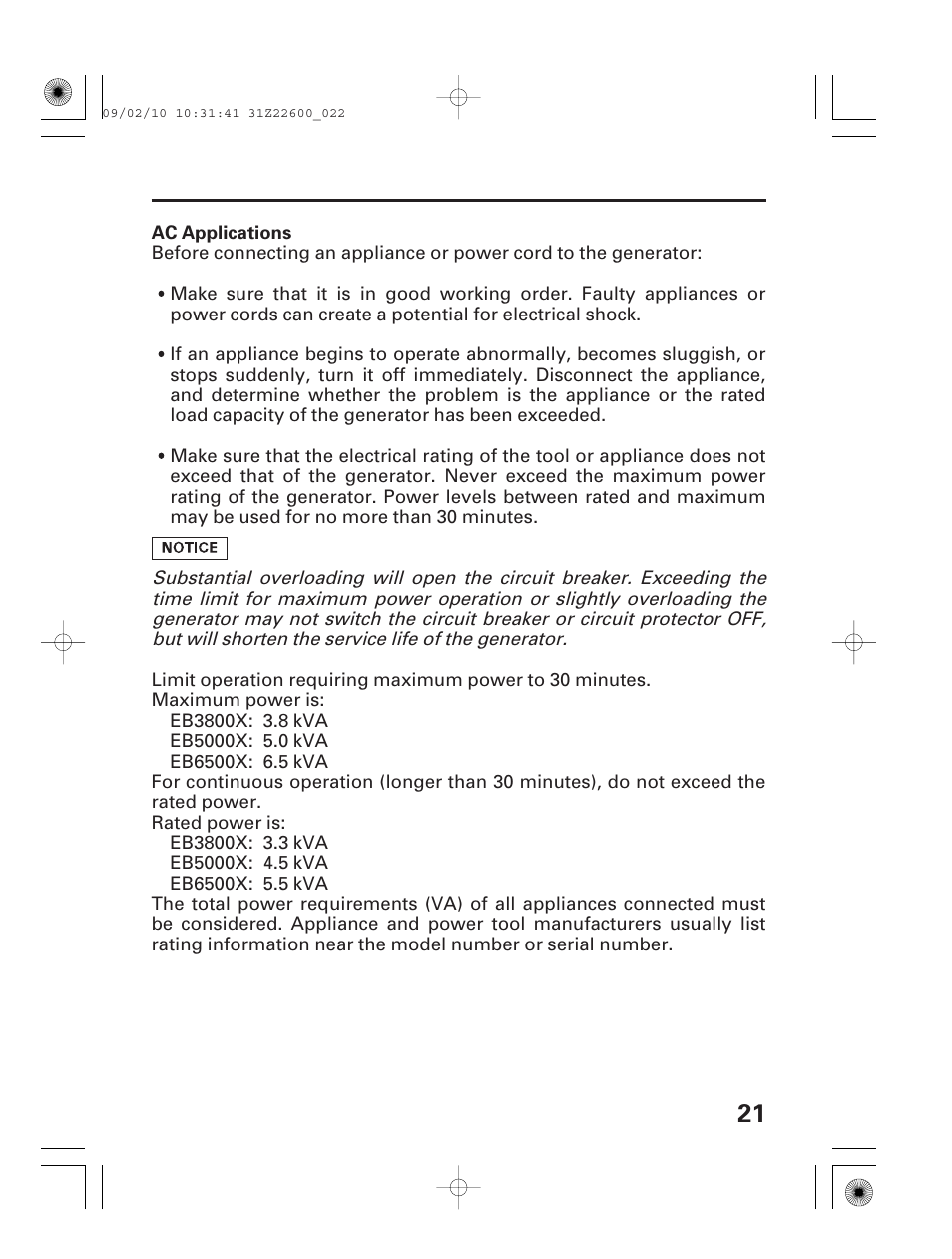 Ac applications | HONDA EB6500X User Manual | Page 23 / 75