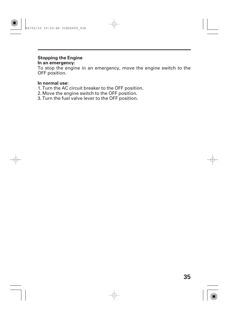 Stopping the engine | HONDA EB6500X User Manual | Page 37 / 75