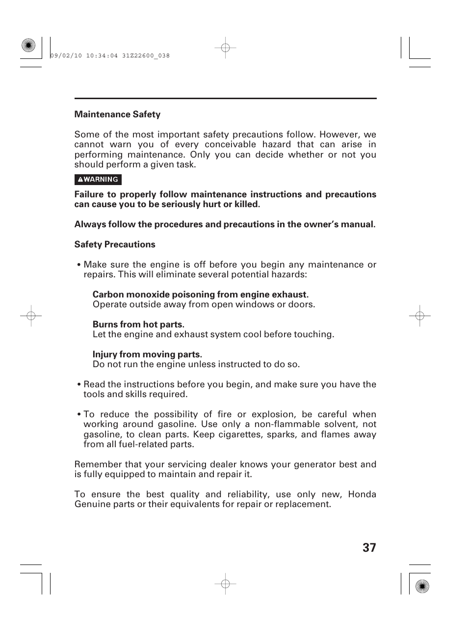 Maintenance safety, Safety precautions | HONDA EB6500X User Manual | Page 39 / 75