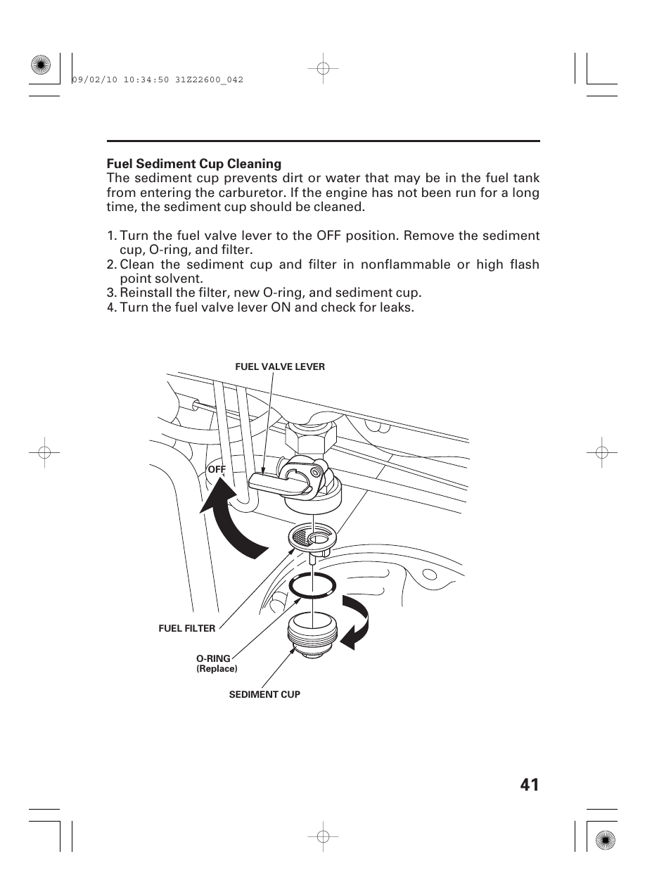 Fuel sediment cup cleaning | HONDA EB6500X User Manual | Page 43 / 75