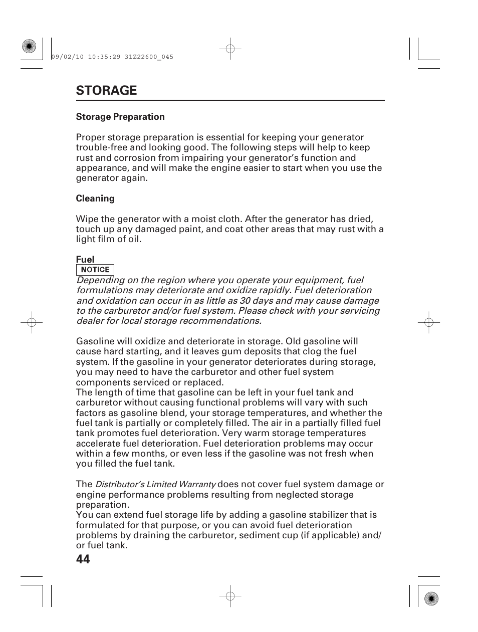 Storage, Storage preparation, Cleaning | Fuel, 44 storage | HONDA EB6500X User Manual | Page 46 / 75