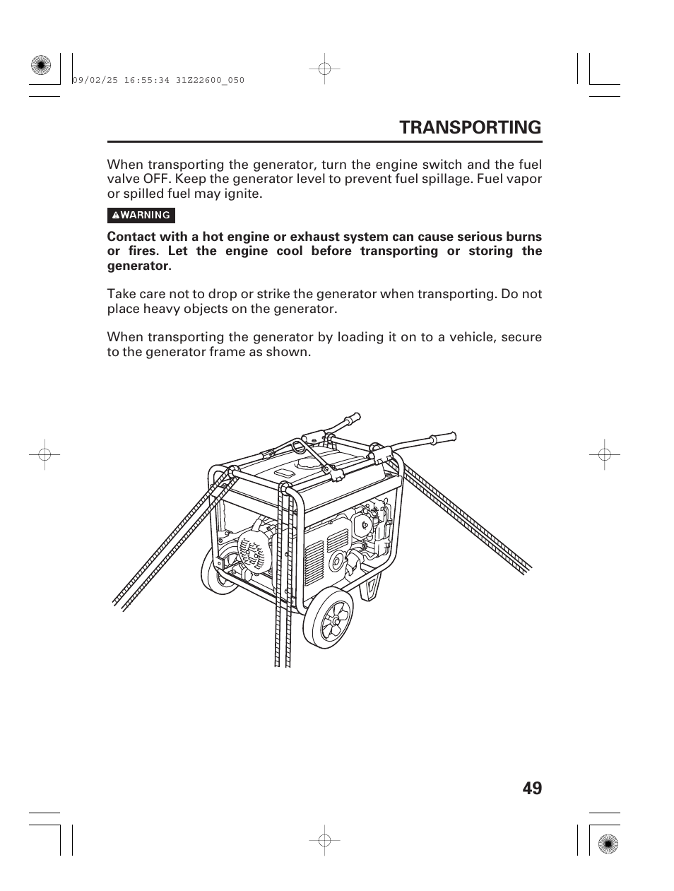 Transporting, 49 transporting | HONDA EB6500X User Manual | Page 51 / 75