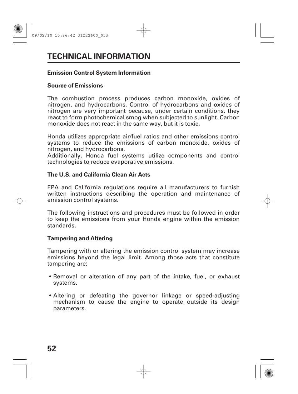 Technical information, Emission control system information, 52 technical information | HONDA EB6500X User Manual | Page 54 / 75