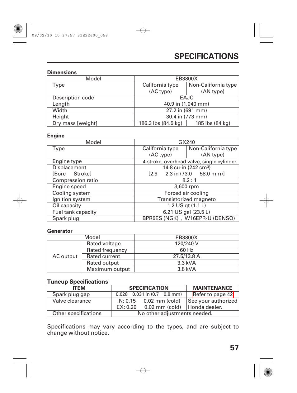 Specifications, Eb3800x, 57 specifications | HONDA EB6500X User Manual | Page 59 / 75