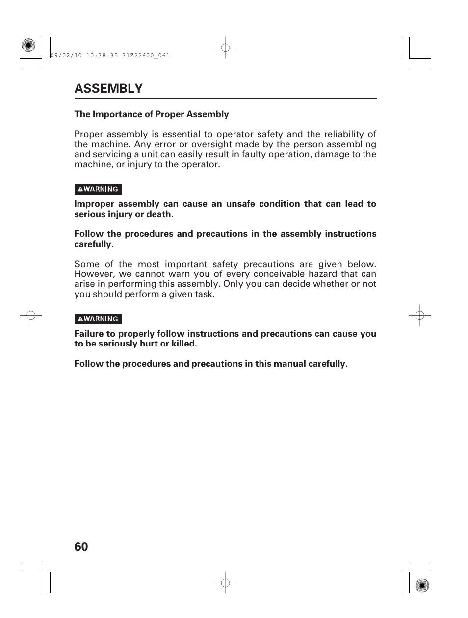 Assembly, The importance of proper assembly, 60 assembly | HONDA EB6500X User Manual | Page 62 / 75