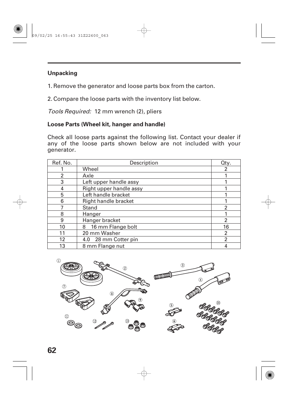 Unpacking, Loose parts (wheel kit, hanger, handle) | HONDA EB6500X User Manual | Page 64 / 75