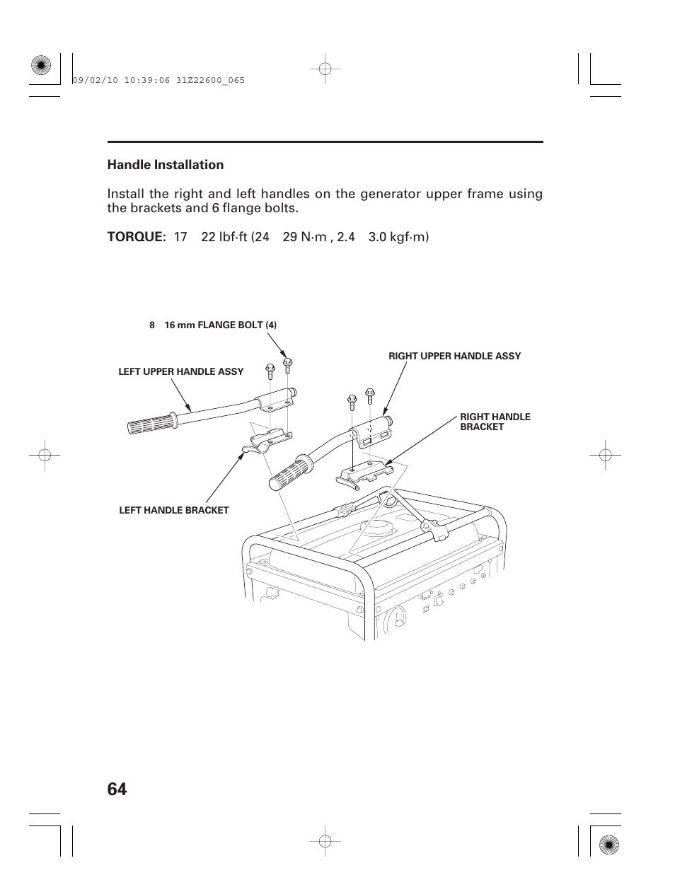 Handle installation | HONDA EB6500X User Manual | Page 66 / 75