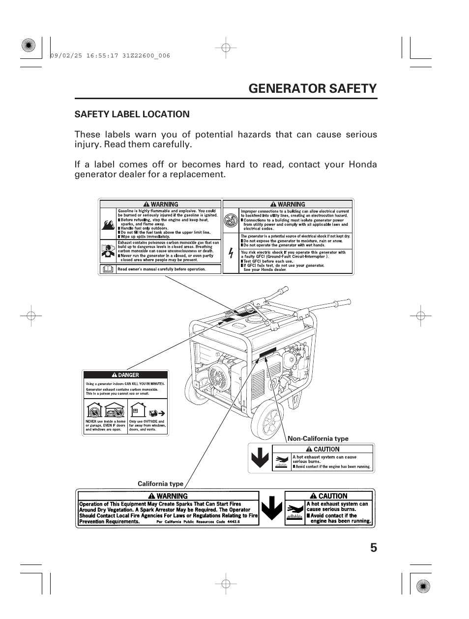 Generator safety, Safety label location, 5generator safety | HONDA EB6500X User Manual | Page 7 / 75