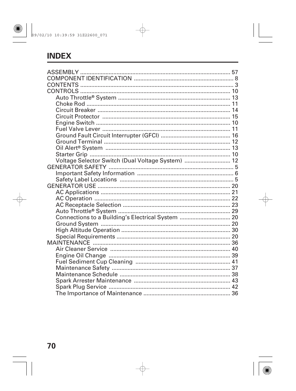 Index, 70 index | HONDA EB6500X User Manual | Page 72 / 75