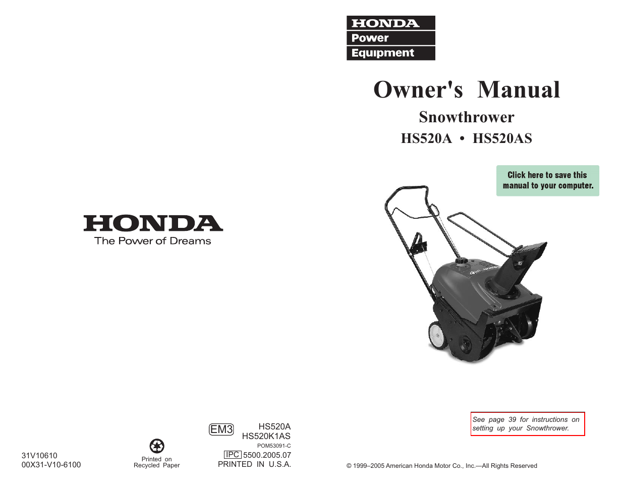 HONDA HS520AS User Manual | 62 pages