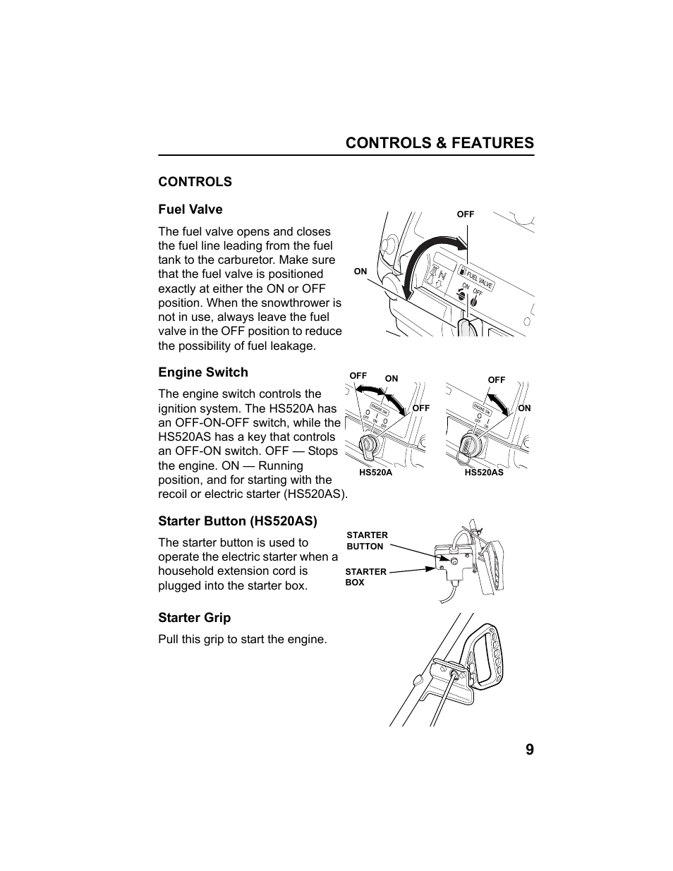 Controls, Fuel valve, Engine switch | Starter button (hs520as), Starter grip, Controls & features 9 | HONDA HS520AS User Manual | Page 11 / 62