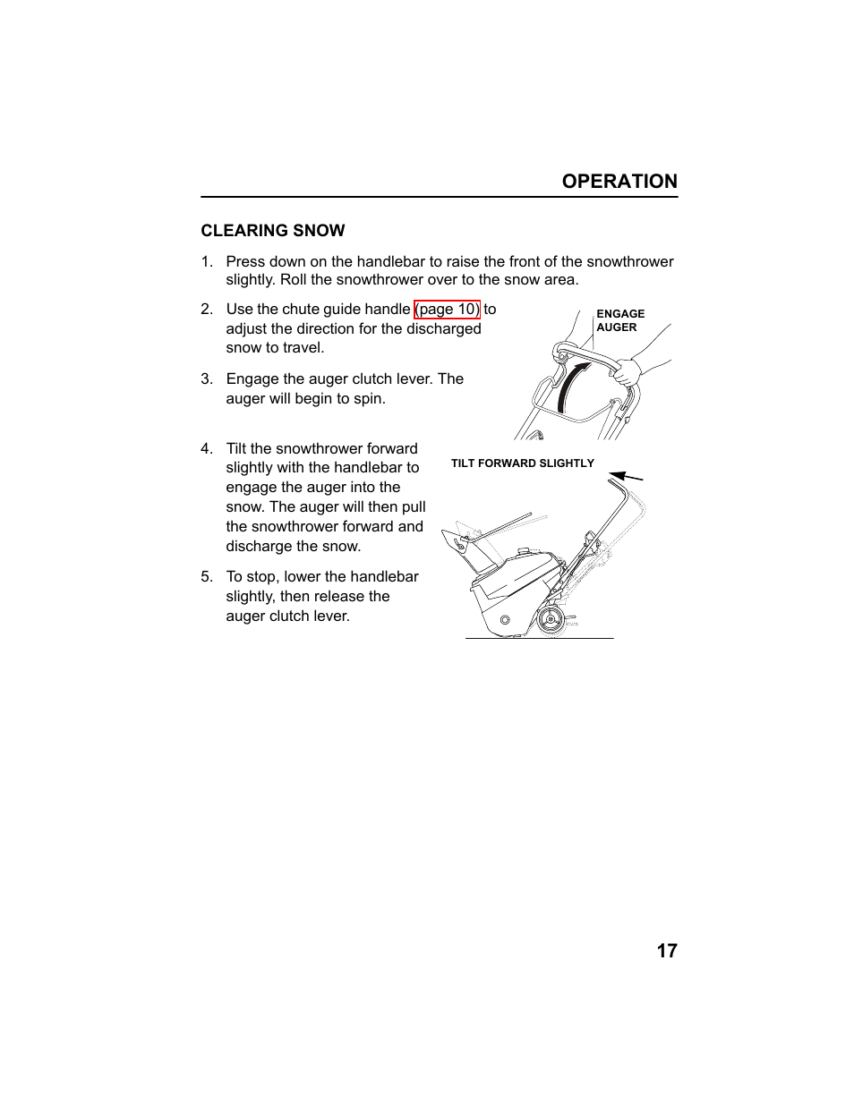 Clearing snow, Operation 17 | HONDA HS520AS User Manual | Page 19 / 62