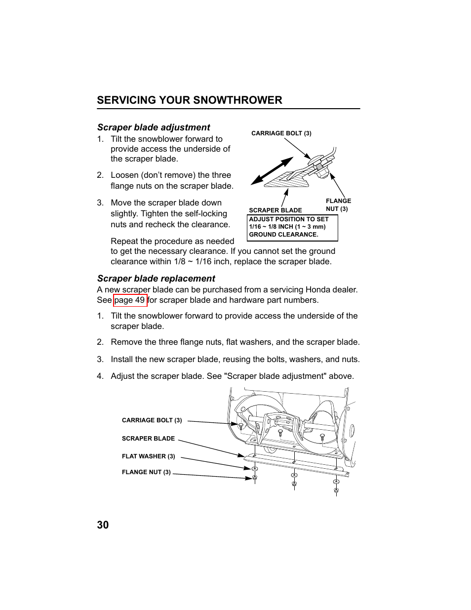 Adjustment, Replacement, Servicing your snowthrower 30 | HONDA HS520AS User Manual | Page 32 / 62