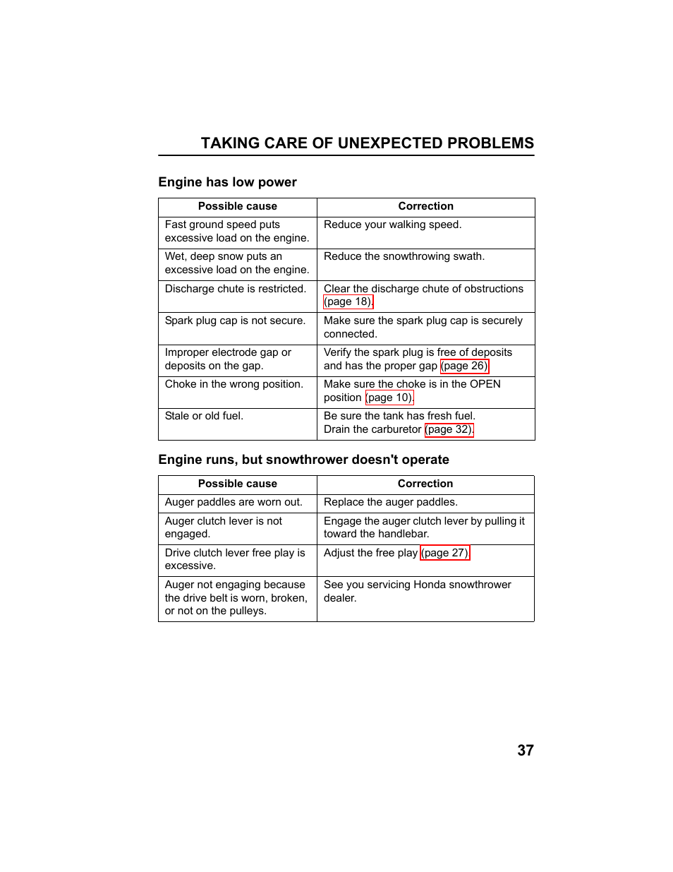 Engine lacks power, Engine runs, but snowthrower doesn't operate, Taking care of unexpected problems 37 | HONDA HS520AS User Manual | Page 39 / 62