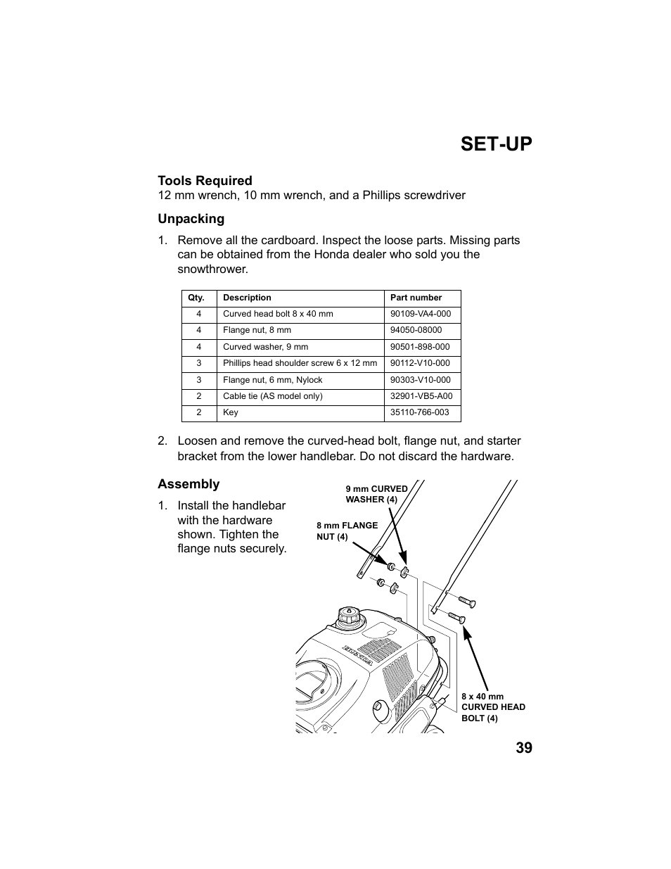 Set-up, Tools required, Unpacking | Assembly | HONDA HS520AS User Manual | Page 41 / 62