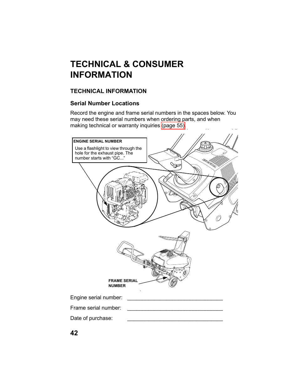 Technical & consumer information, Technical information, Serial number locations | HONDA HS520AS User Manual | Page 44 / 62