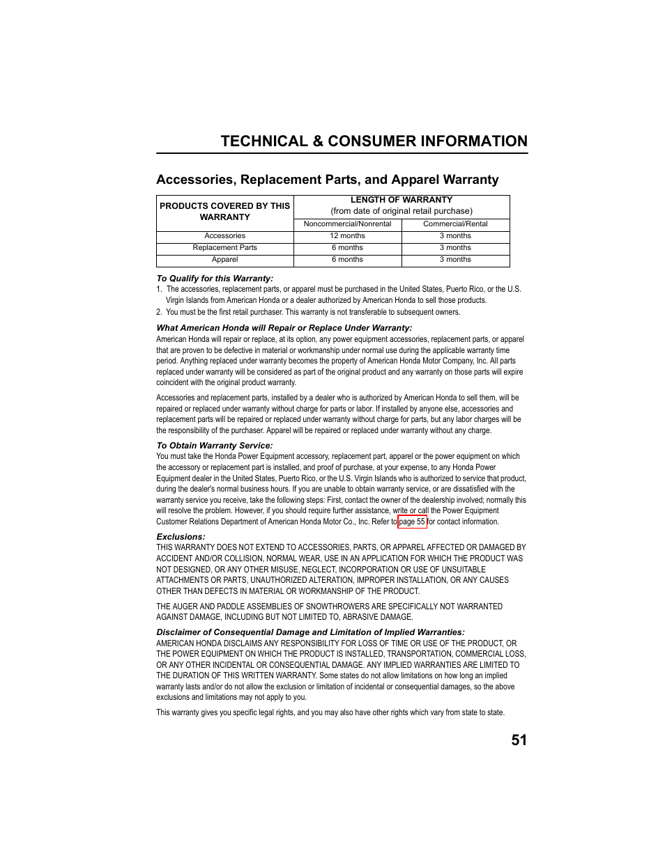 Technical & consumer information 51 | HONDA HS520AS User Manual | Page 53 / 62