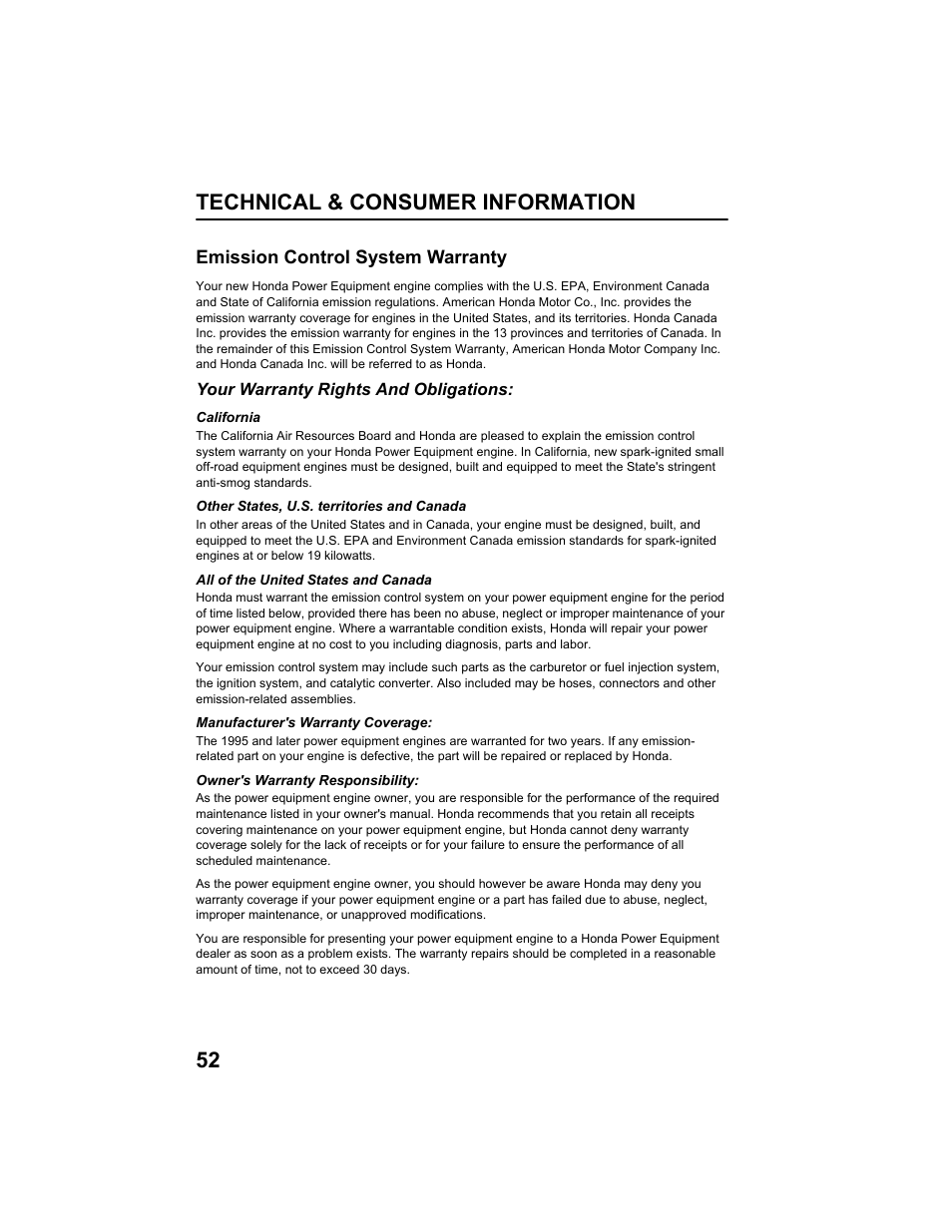 Emission control system warranty, Technical & consumer information 52 | HONDA HS520AS User Manual | Page 54 / 62