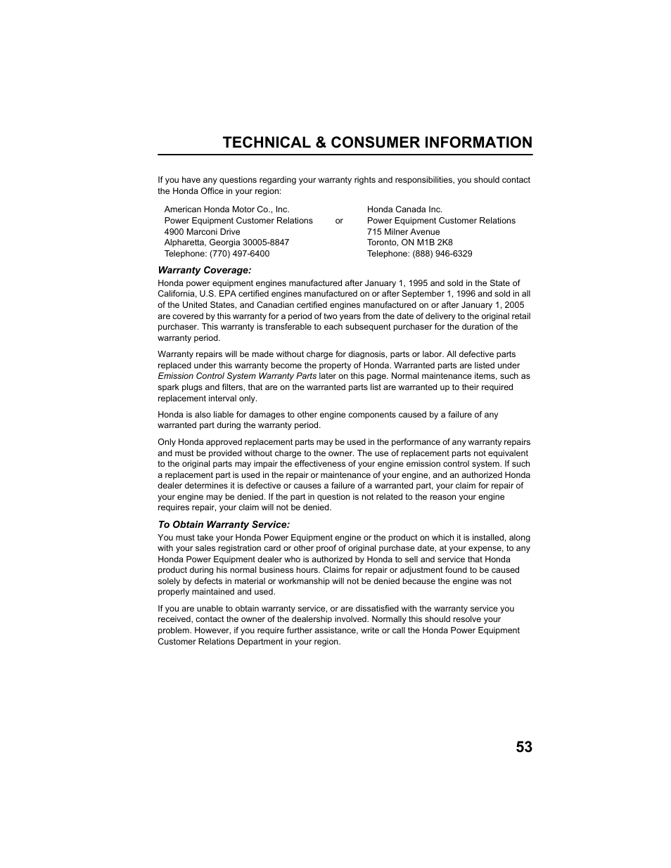 Technical & consumer information 53 | HONDA HS520AS User Manual | Page 55 / 62