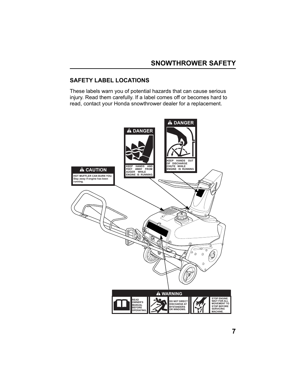 Safety label locations, Snowthrower safety 7, Danger | Caution | HONDA HS520AS User Manual | Page 9 / 62