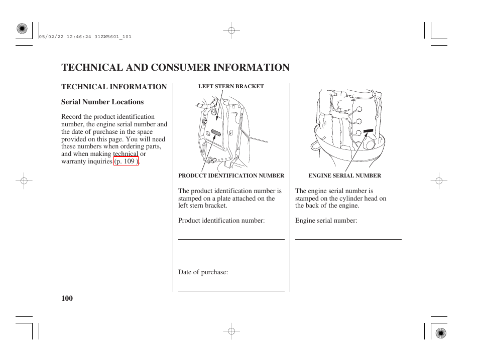 Technical and consumer information, Technical information, Serial number locations | Technical and consumer, Information | HONDA Outboard Motor BF115A User Manual | Page 102 / 130