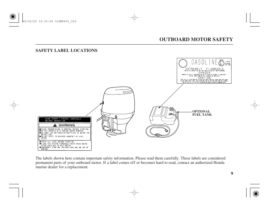 Safety label locations | HONDA Outboard Motor BF115A User Manual | Page 11 / 130