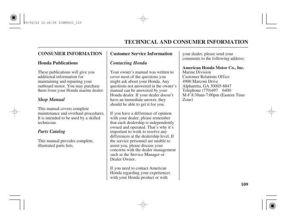 Consumer information, Honda publications, Customer service information | HONDA Outboard Motor BF115A User Manual | Page 111 / 130