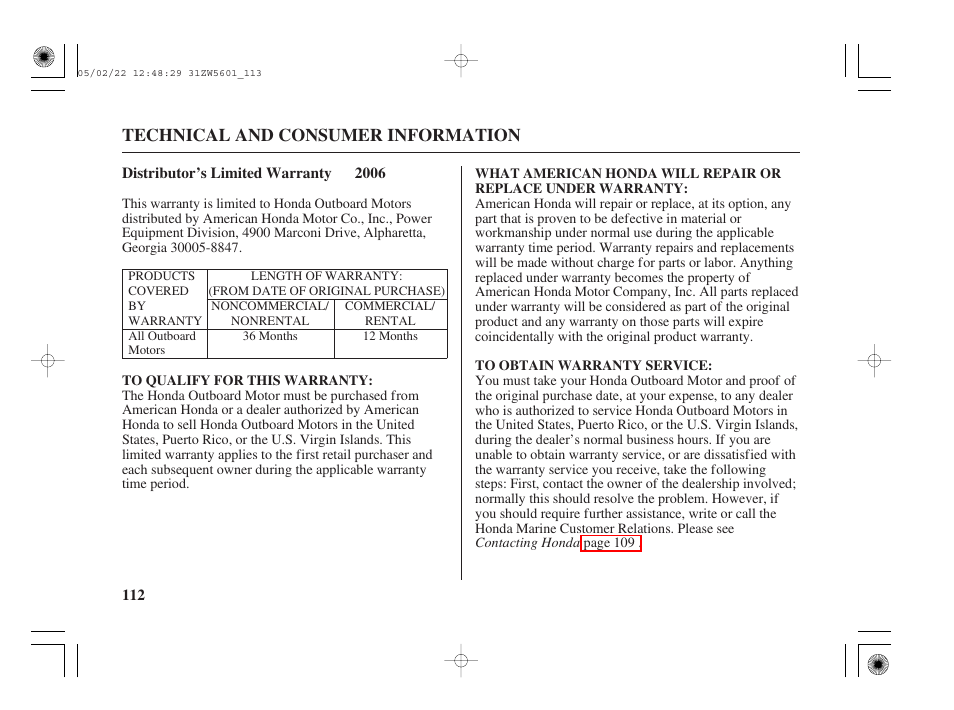 Distributor's limited warranty, Technical and consumer information | HONDA Outboard Motor BF115A User Manual | Page 114 / 130