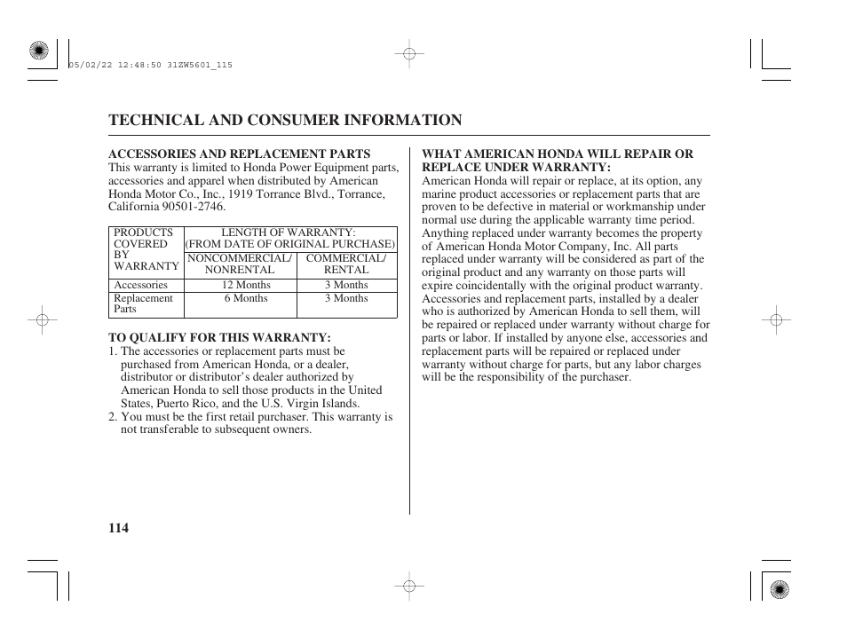 Technical and consumer information | HONDA Outboard Motor BF115A User Manual | Page 116 / 130