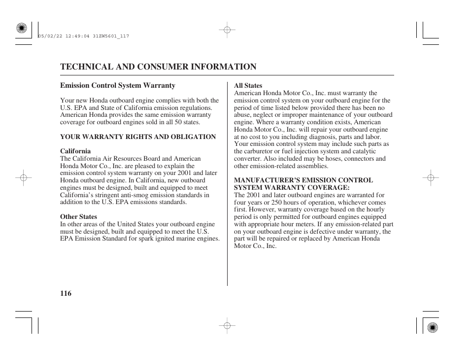 Emission control system warranty | HONDA Outboard Motor BF115A User Manual | Page 118 / 130