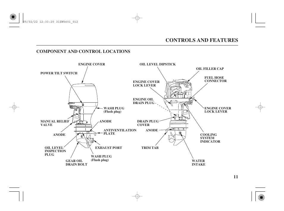 Component and control locations, Controls and features, 11 component and control locations | HONDA Outboard Motor BF115A User Manual | Page 13 / 130