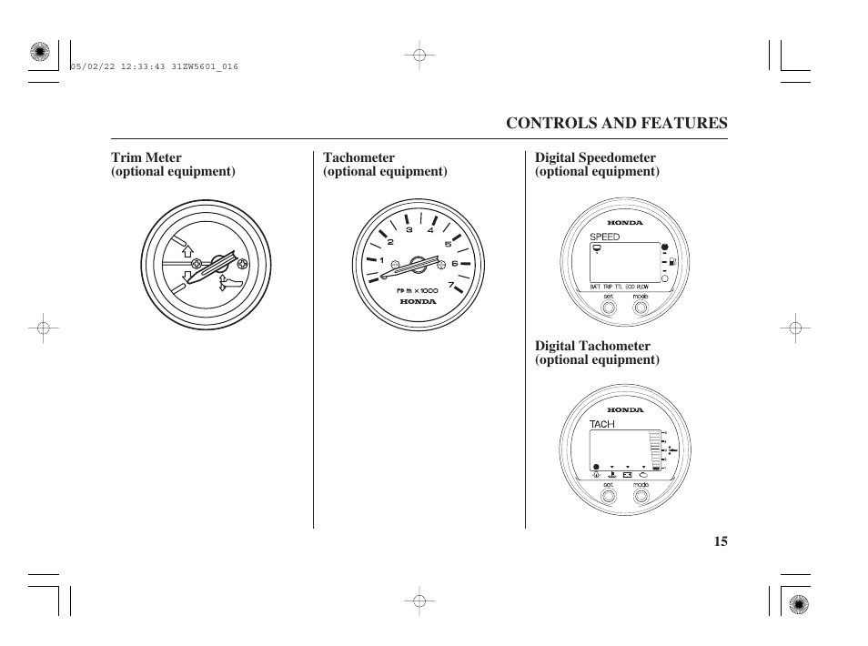 Trim meter (optional), Tachometer (optional), Digital speedometer (optional) | Digital tachometer (optional) | HONDA Outboard Motor BF115A User Manual | Page 17 / 130